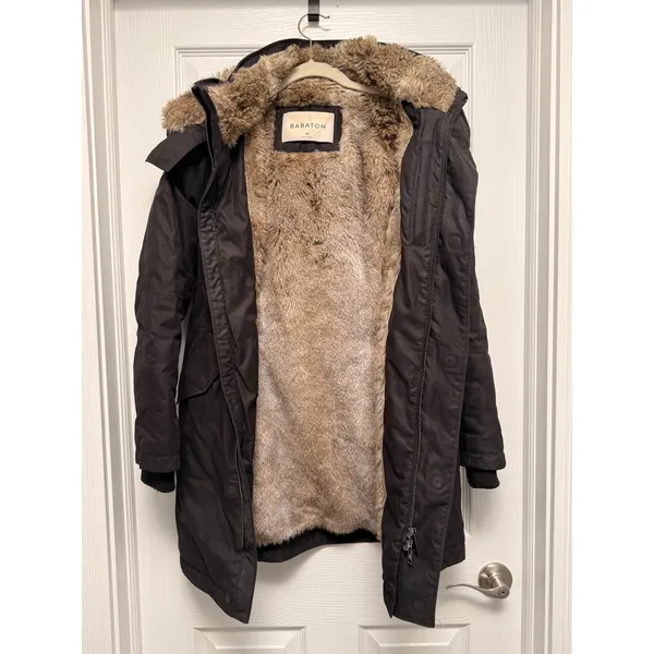 Babaton Oskar Parka Black Goose Down Waterproof Winter Coat Faux Fur Hood XS - Image 3