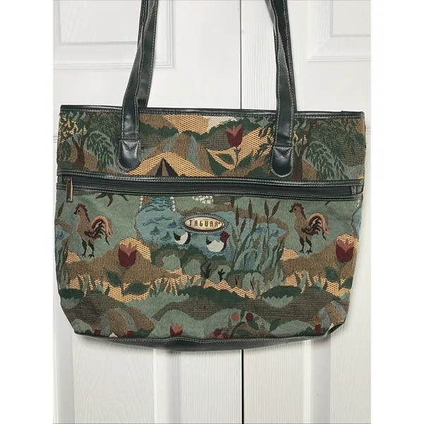 Jaguar Vintage Tapestry Tote Bag Womens OS Green Farm Scene Animal Woven Cotton - Image 2