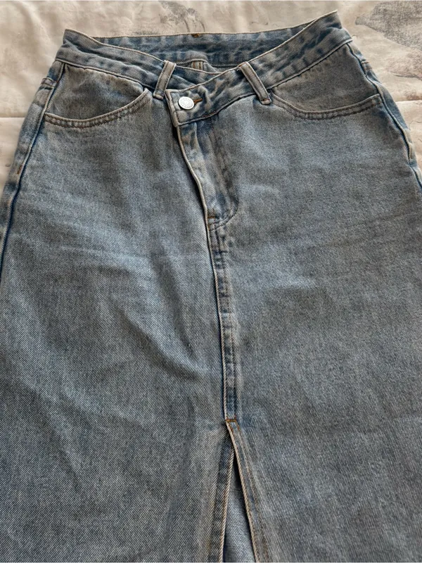 High-Rise Light Blue Denim Maxi Skirt with Front Slit, size XS western casual - Image 11