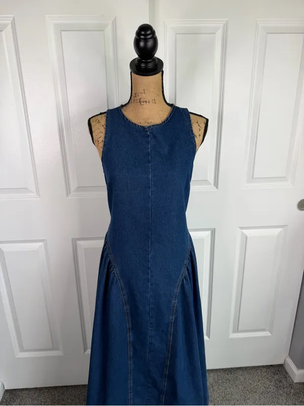 Poselle Denim Open Back Maxi Dress Size L Cotton Blend Sleeveless A-Line Dress - Image 8