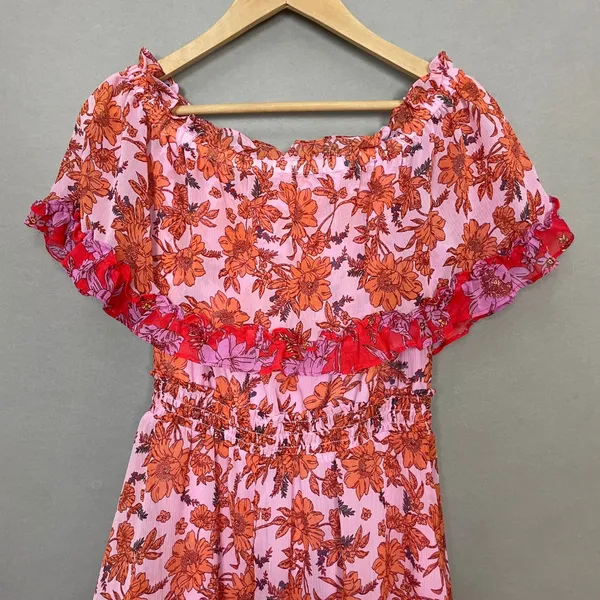 Jessica Simpson Floral Dress Off the Shoulder Amelia Pink Orange Size XS Girly - Image 6