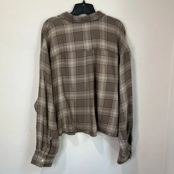 GAP Brown Plaid Cropped Flannel Button Down Shirt XXL Soft Casual‎ Fall - Image 3