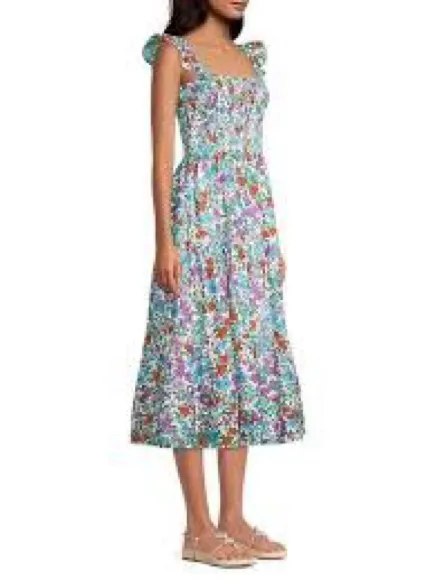 Anthropologie Roller Rabbit Dress Blomst Doe Silk Cotton Floral Shirred Sundress - Image 3