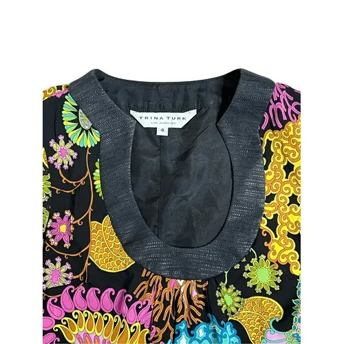 Trina Turk Floral Colorful Silk Black Tunic Dress 4 Colorful‎ Tropical Designer - Image 4