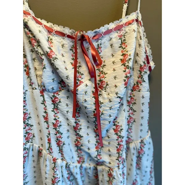 Cottagecore Floral Lace Trim Mini Dress XL White Pink‎ Rose - Image 2