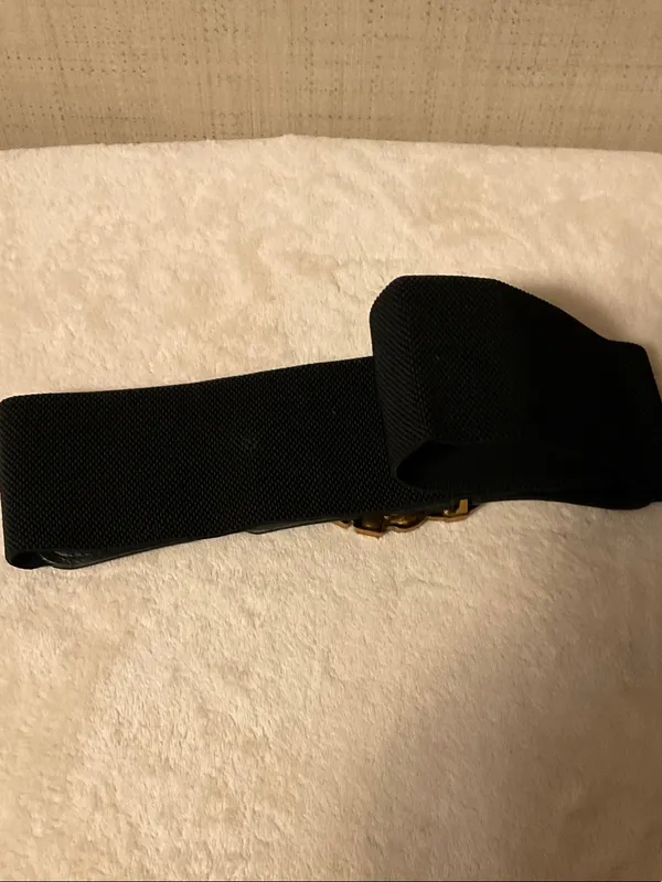 Black Elastic Waist Belt with Jeweled Gold Buckle - Image 5
