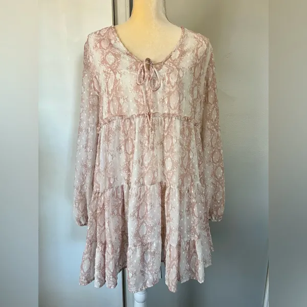 Altar’d State Woman’s Pink & White Snake Print Lightweight Tiered Dress Size M - Image 2