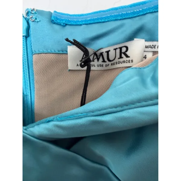 AMUR Teal Blue Satin Strapless Bubble Hem Mini Dress Size 4 NWT - Image 3