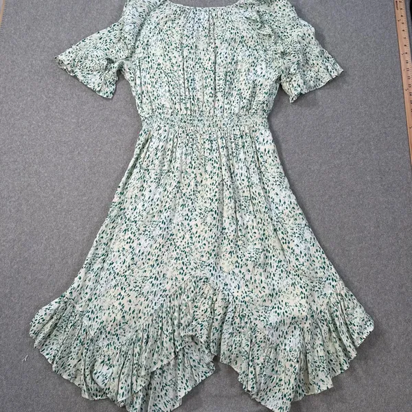 Kaari Blue Handkerchief Hem Midi Dress Women's Large Elastic Waist Ruffle Green - Image 9
