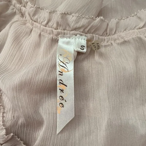Andrée Cream Floral Embroidered Ruffle Neck Tie Waist Blouse Top Sheer‎ boho - Image 3