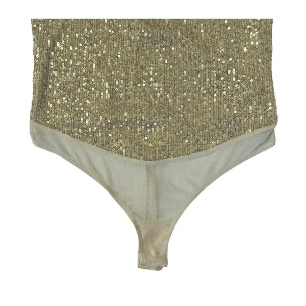 INTIMATELY FREE PEOPLE Sparks Fly Iridescent Gold Shimmery Sequin Bodysuit Sz M - Image 4
