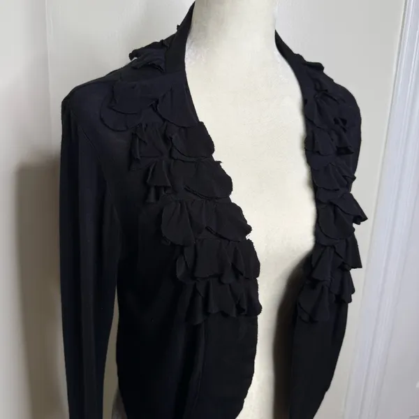 American Rag Black Open Front Ruffled Cardigan Sz Large Rayon Spandex Versatile - Image 2