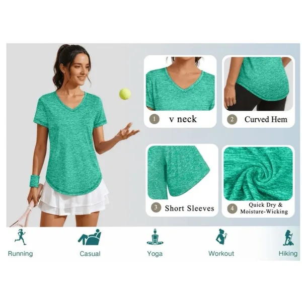 NWT ~ Green Workout Shirt V-Neck Quick Dry Athletic Loose Gym Running Top LARGE - Image 3