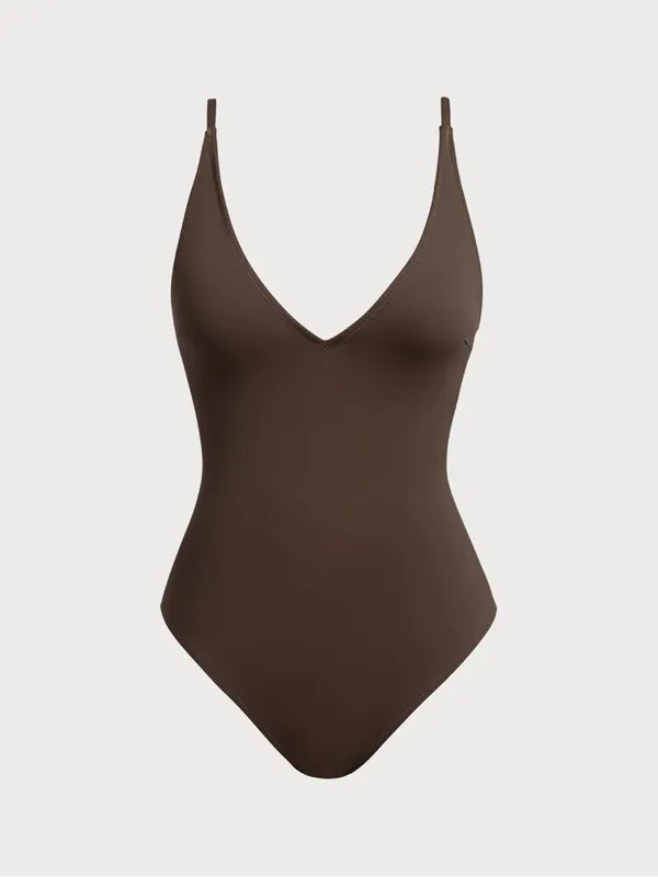 Berlook Dark Coffee V Neck Tummy Control One-Piece Swimsuit - Image 5