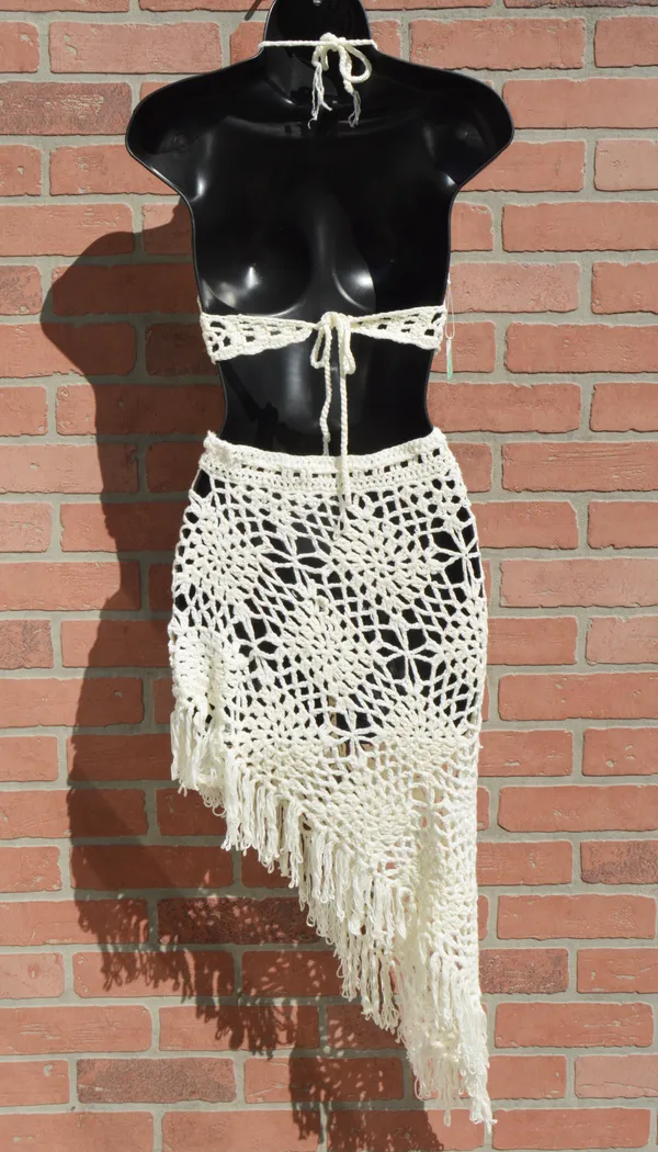 Crochet Two Piece Beach Set Size Small White - Image 3