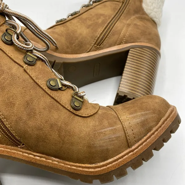Chunky Heel Lace Up Faux Fur Lined Leather Boots 8.5 Nine West Brown Tan - Image 5