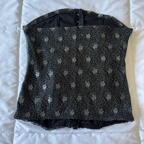 Vintage Y2K Black & Silver Brocade Corset Top – Structured Strapless Bustier – Gothic Coquette Party Top Small - Image 3