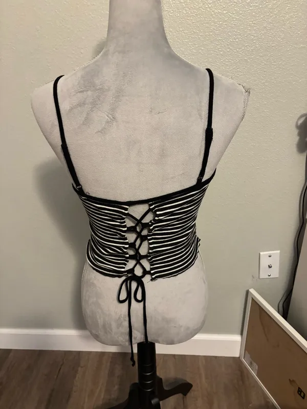 Ambiance Monochrome Striped Tank Top with Lace Up Back, Sz L - Image 2