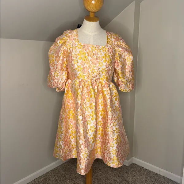 Pieces Premium Embroidered Puff Sleeve Mini Dress with Open Tie Back size medium - Image 5