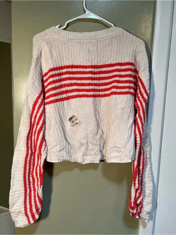 Aerie Women's Size XS Striped Pullover Sweater‎ Cream Red Stripes FLAWED - Image 9
