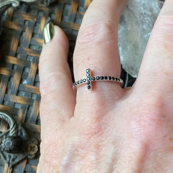 Sterling Silver Black Cz Sideways Cross Ring Silver - Image 5