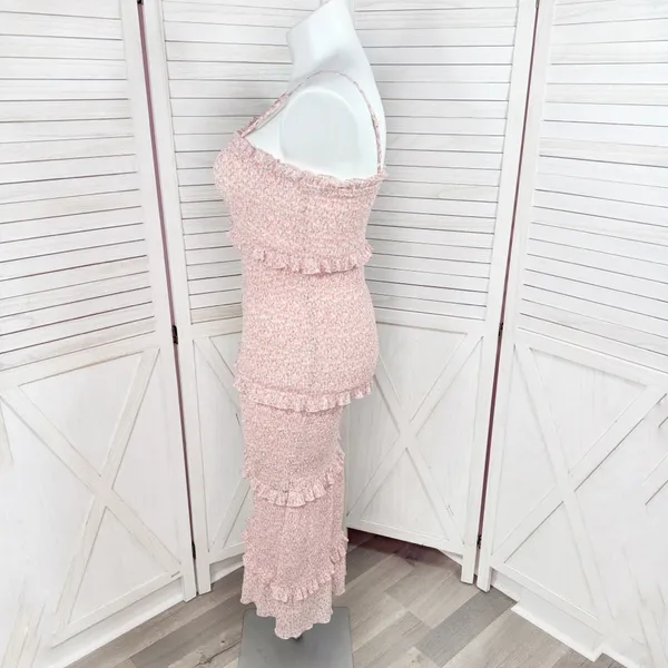 Mabel Daphne Ditsy Flower Ruffe Trim Smocked Midi Long Tube Dress Pink‎ Large - Image 3
