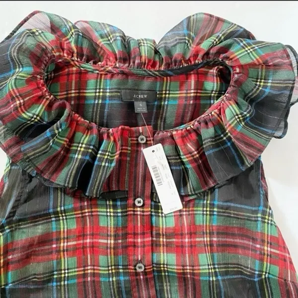 J. Crew Tartan Plaid Red Green Metallic Sheer Ruffle Button Tank‎ Blouse NWT S - Image 4