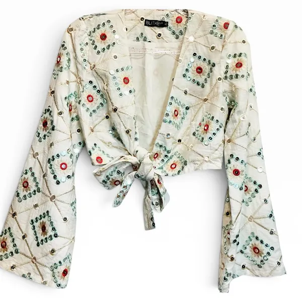 Anthropologie BLITHE Mirror Geo‎ Long Sleeve Tie Front Top & Shorts Set New S - Image 3