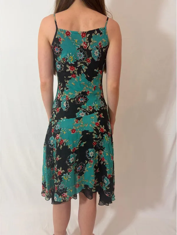 Blue Floral Paisley Mesh Fairy Sequin Silky Vintage Midi Dress - Image 3