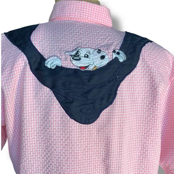 Vintage‎ 80s Embroidered Shirt Pink GinghamTop Plaid Button Up Dalmatian Puppy - Image 6