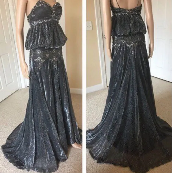 Elegant Black Beaded Peplum Evening Gown - Image 8