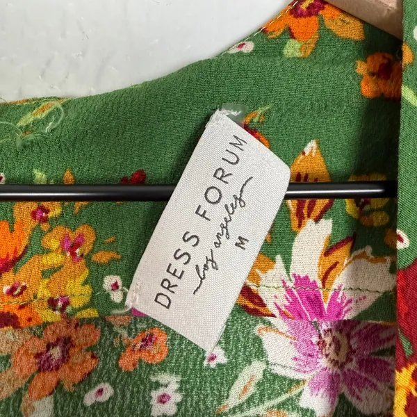 Dress Forum Green Floral Puff Sleeve Midi Dress Sweetheart Slit Size Medium - Image 4