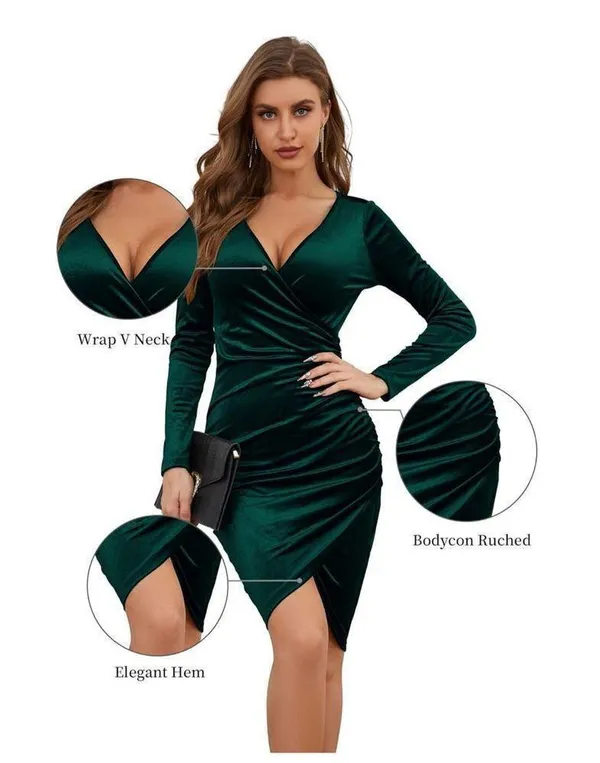 NEW GUBERRY Wrap V Neck Velvet Ruched Cocktail Dress L - Image 3