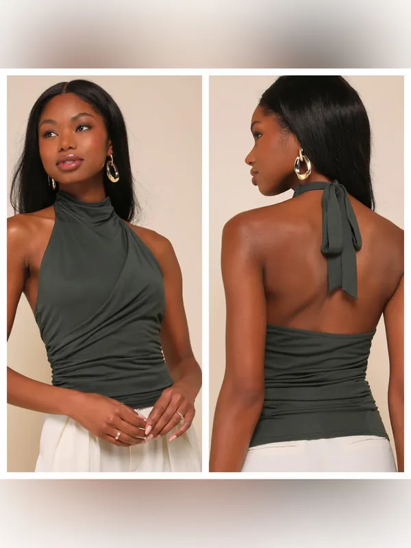 Lulu's Cute Inspiration Dark Green Sleeveless Halter Top - Image 2