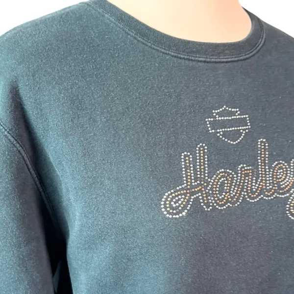 Harley Davidson Womens L Black Rhinestone Crewneck Sweatshirt York PA Y2K Biker - Image 2