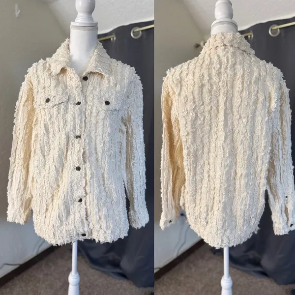 Pilcro Fluffy Corduroy Trucker Jacket Womens Large Cream Frayed Fringe NWOT - Image 9