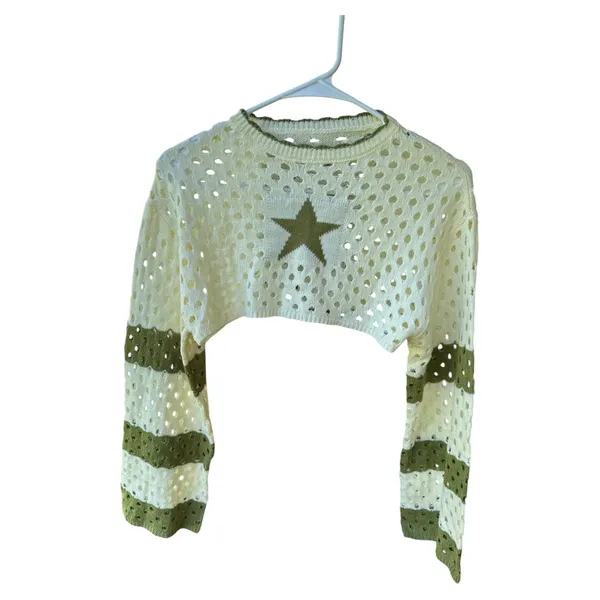 Star Crochet Knit Cropped Sweater Women Small Cream Green Long Sleeve Boho - Image 8