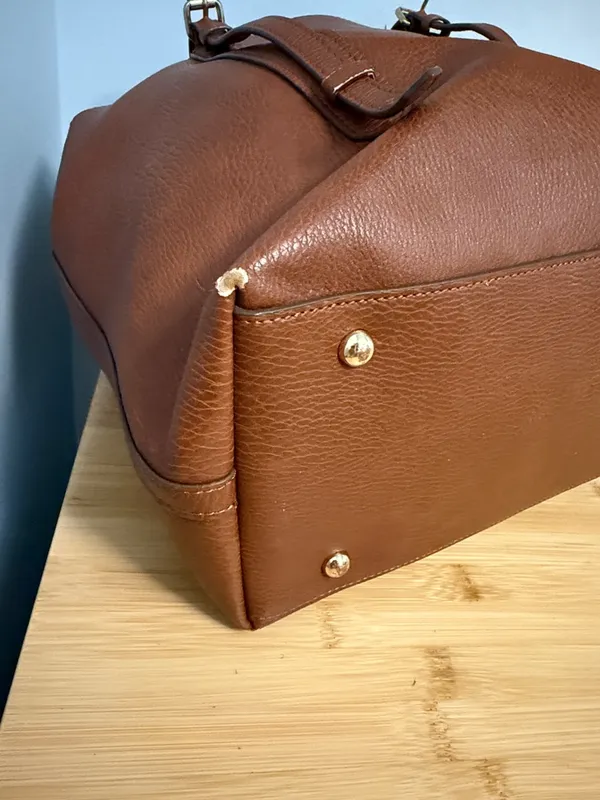 Sondra Roberts Squared Cognac Brown Tote with Gold Buckles Computer Bag or Purse - Image 7