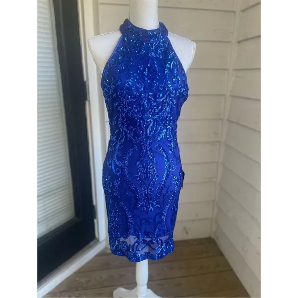 NWT Lulus Glittering Glamour Royal Blue Mock Neck Mini Dress L Bling Sexy Party - Image 13