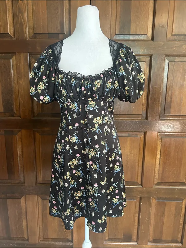 NWT For Love & Lemons August Floral Mini Dress Medium M Black Lace Corset Bow - Image 2