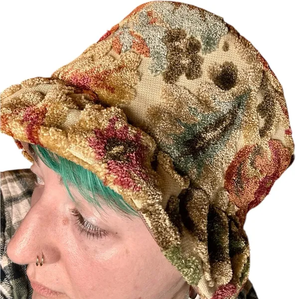 Vintage Handmade 60s Chenille Carpet Floral Tapestry Hat Go-Go Grunge Bucket EUC - Image 4