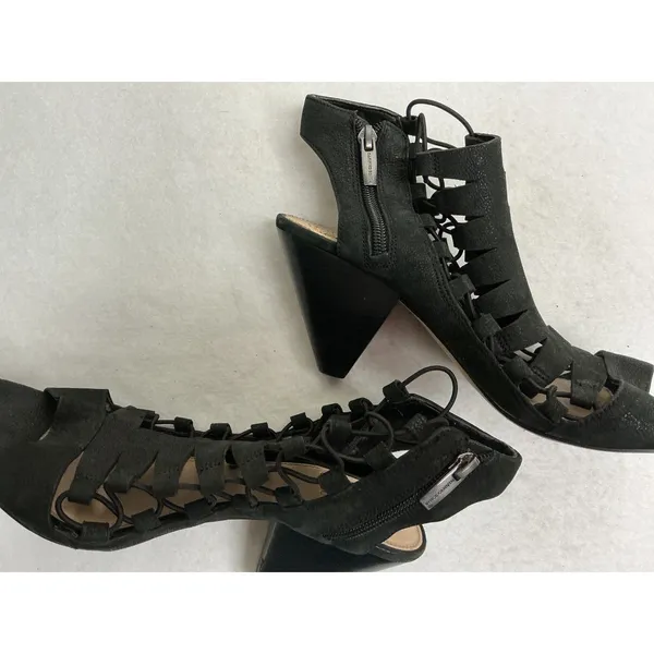 Vince Camuto Womens 9W Black Strappy Lace Up Cage Sandals Cone Heel Side Zip - Image 8