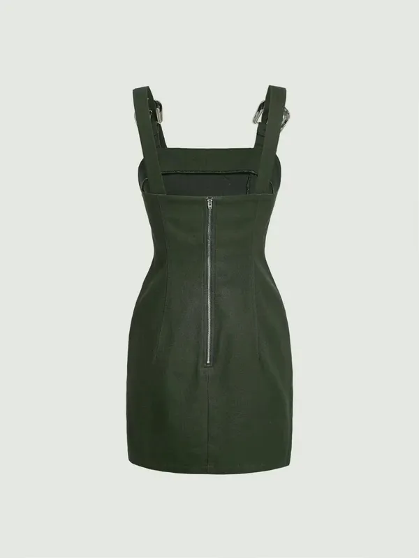 AUW Olive Green Faux Suede Mini Overall Dress with Silver Buckles Size Small - Image 2