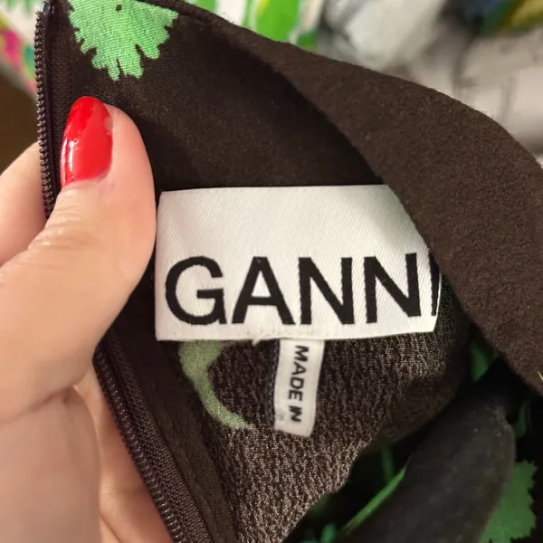 Ganni Floral Print Crepe Mini Shift Dress Brown Green Size 36 - Image 6