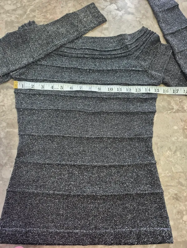 Y2K Vintage Cache 90s 2000s grey Metallic Ribbed Off The Shoulder Knit Top Small - Image 7