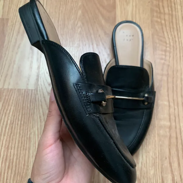 Women’s Black Slip On Mules Flats with Gold Buckle - Image 6