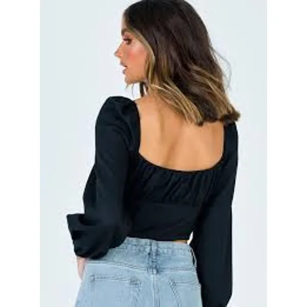 PRINCESS POLLY Ariah Top Size 2 Black Peasant Long Sleeve Square Neck Crop XS - Image 2
