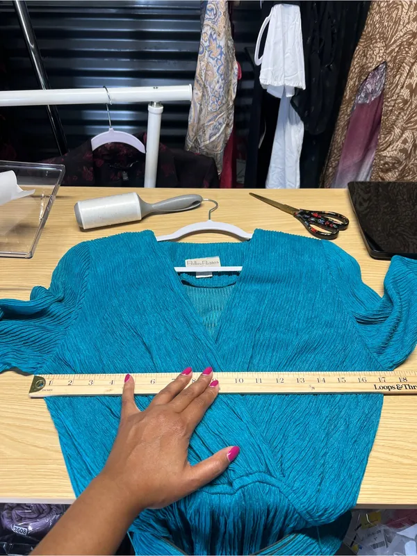 Vintage Pellini Petites Teal Crinkle Belted‎ Dress 3/4 Petite - Image 14