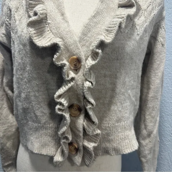 Industry L Cream Ruffle Cardigan Feminine Office Chic Quiet Luxury Sweater - Image 3