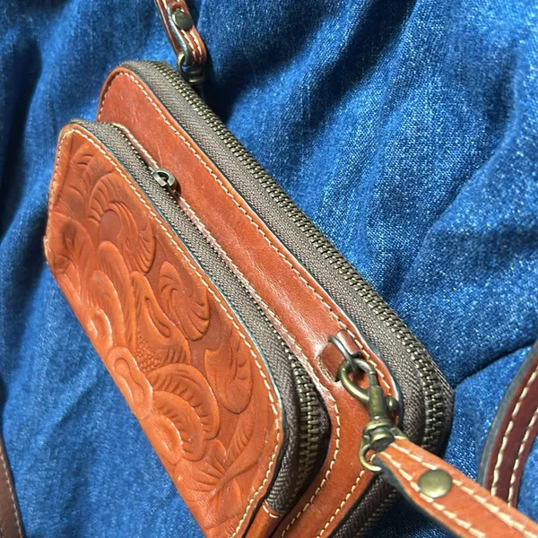 Patricia Nash Brown Pressed Leather Crossbody‎ Bag - Image 3
